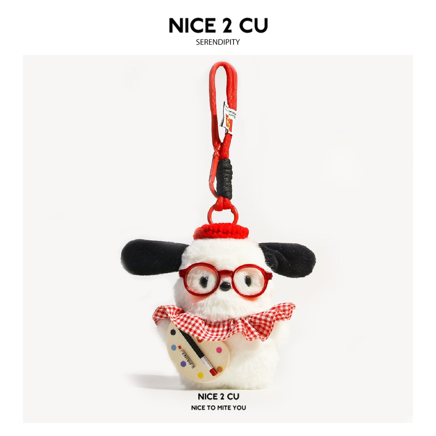 Kawaii dog plush keychain charm with red round glasses and painter palette accessory