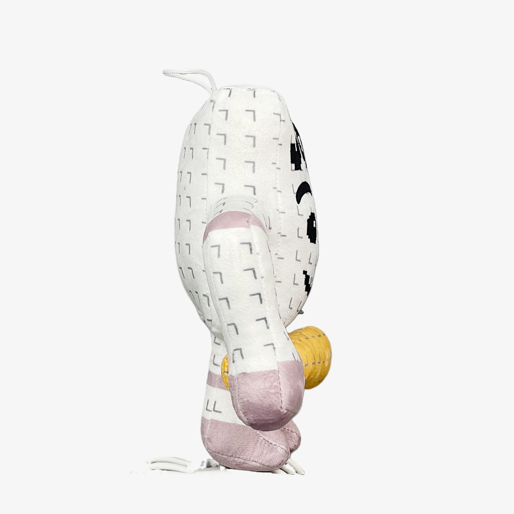 The Steal a Brainrot “JOB” Character Plush Toy is an 8.7-inch square humanoid doll with a pixel face, bat accessory, white plush body, light pink limbs, black markings, and yellow textured detail—shown side profile on a plain background.