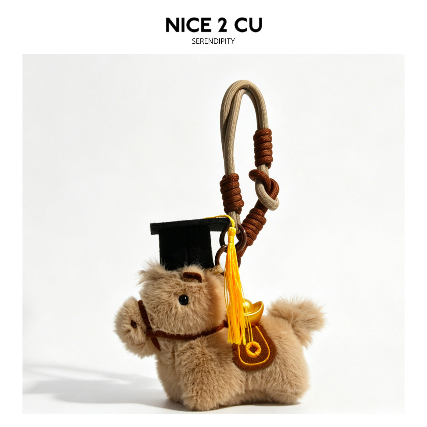 Brown plush horse charm wearing a black graduation mortarboard cap with gold tassel and braided knotted rope loop