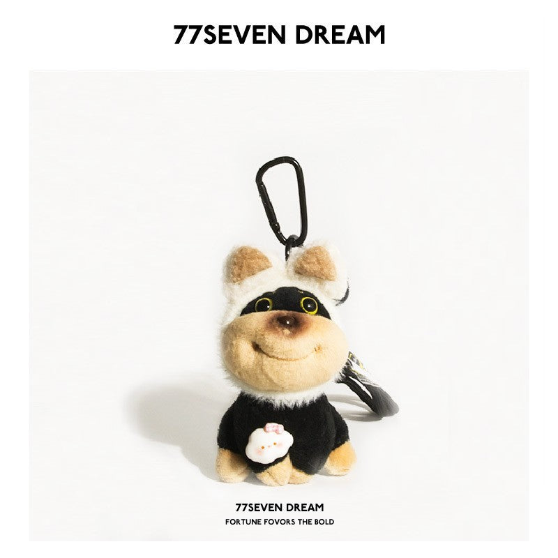 Plush dog keychain charm with beige mouse-ear style headwear and front decoration