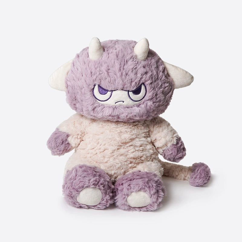 The ZEIO Lilith Demon Lamb Plush Toy (32cm) is a soft, purple and white stuffed animal with devil horns, a tail, and an embroidered grumpy face. This fantasy sheep plush sits upright against a plain background.