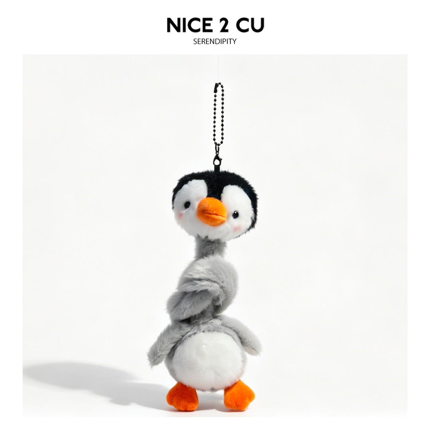 Black white and orange penguin plush keychain charm with long neck and gray body