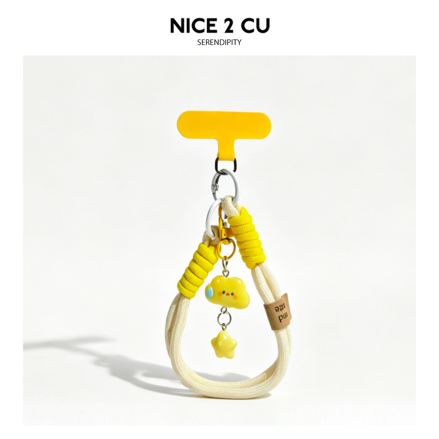 Yellow wrist strap lanyard with yellow kawaii cloud charm and yellow star pendant, cream braided cord