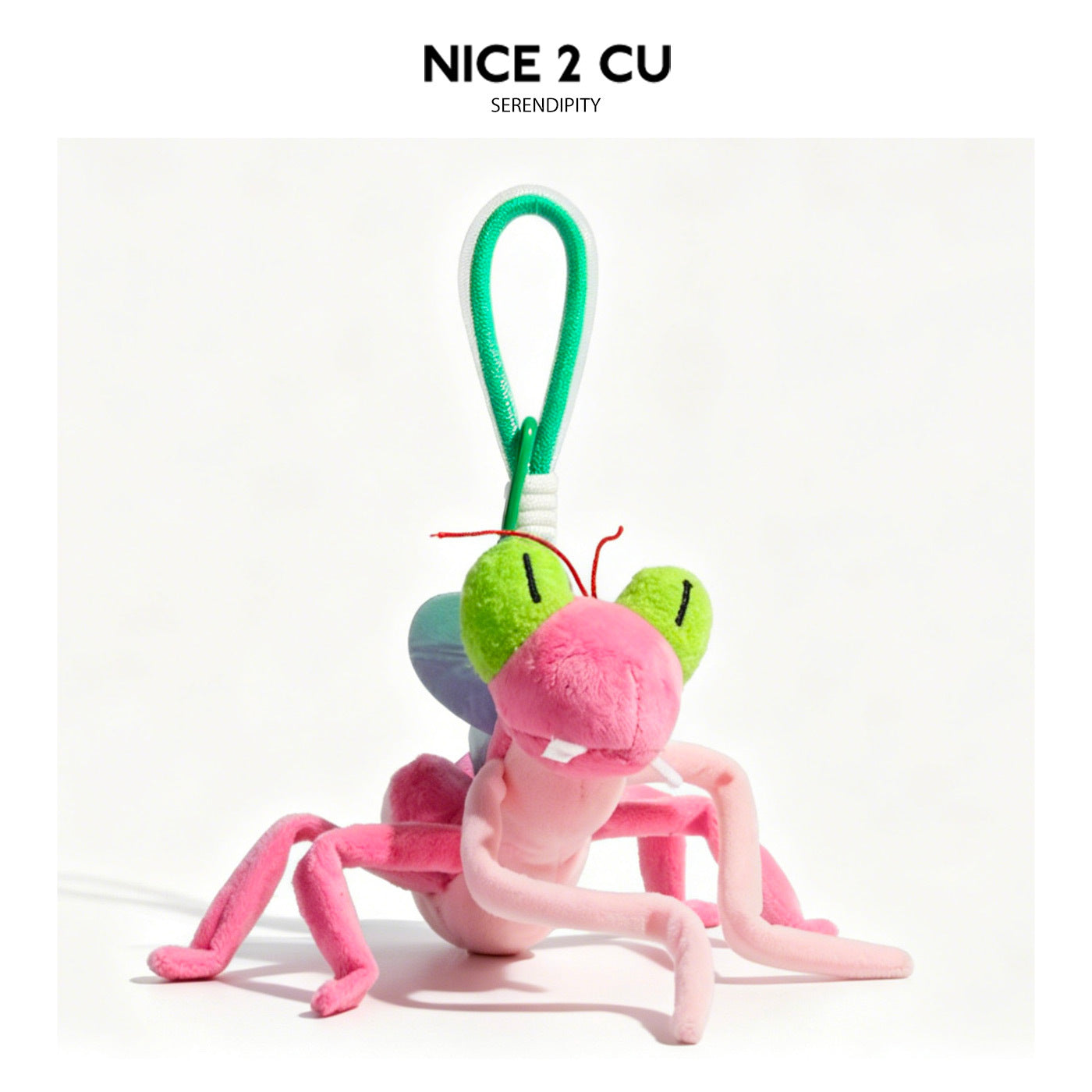 Pink orchid mantis plush bag charm with lime-green compound eyes, red antennae, and green hanging loop
