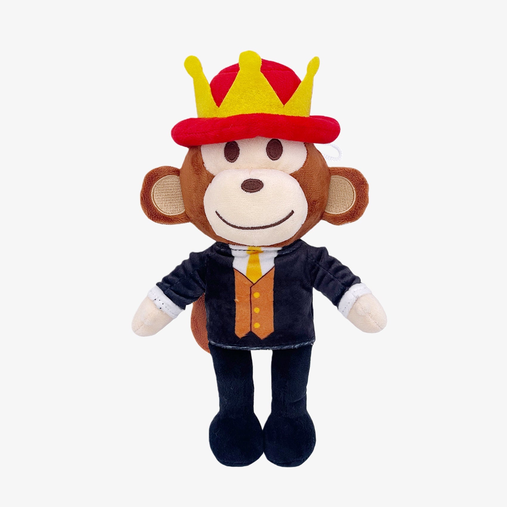 The Steal a Brainrot King Monkey Plush Toy is an 11-inch crowned monkey doll in a suit, inspired by cartoon characters. This collectible plush features a red and yellow crown—perfect for fans and collectors.