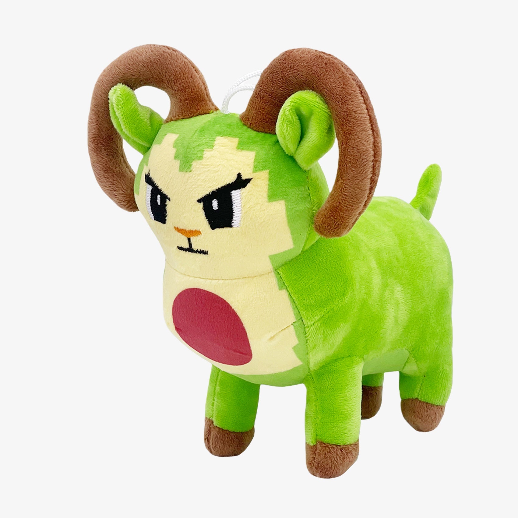 The Steal a Brainrot Inspired Green Ram Plush Toy is an 8.3-inch horned animal stuffed figure with pixel style, large brown horns, black eyes, angry expression, a red chest circle, and brown hooves—perfect for collectors.