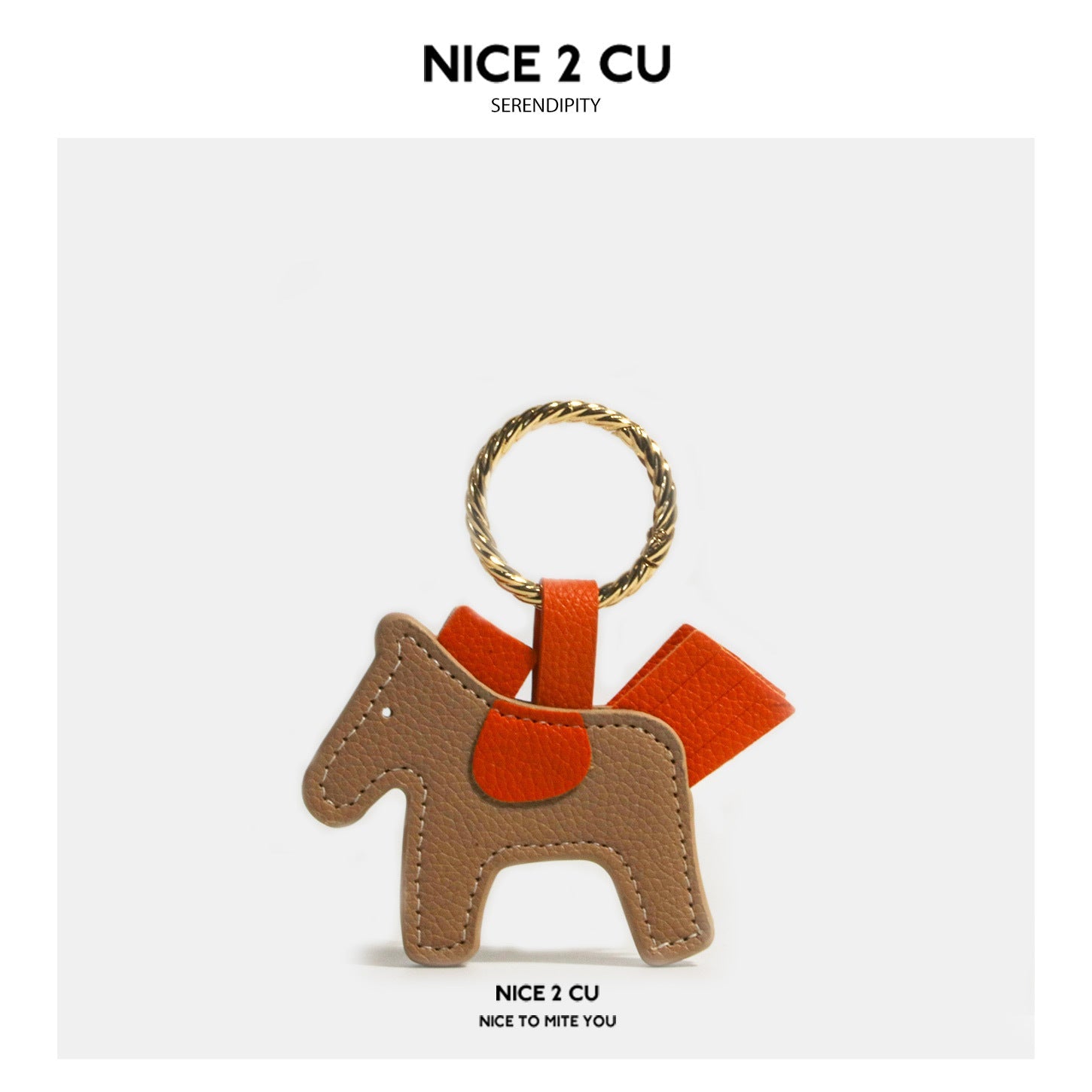 Flat khaki and orange leather-look horse keychain charm with twisted gold-tone ring and fan-shaped back flaps
