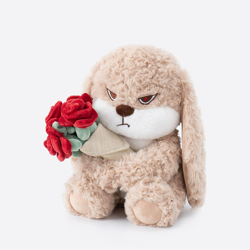 The ZEIO Rose-Holding Bunny Plush Toy (29cm) features a soft, serious-faced rabbit holding a plush red rose bouquet—an adorable and unique décor piece for any nursery, shown here against a plain white background.