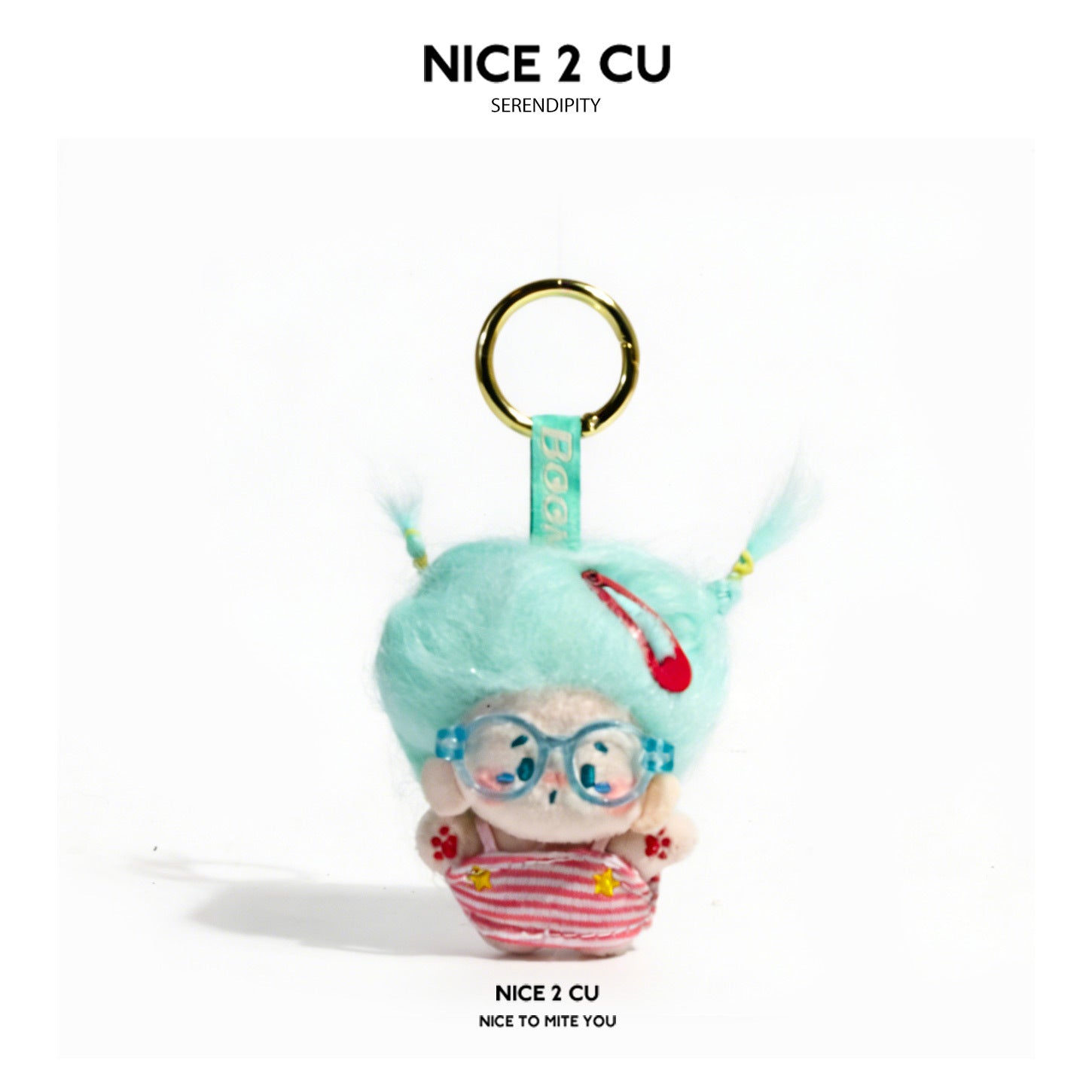 Light blue-haired plush doll keychain charm with blue glasses and pink striped outfit on gold ring