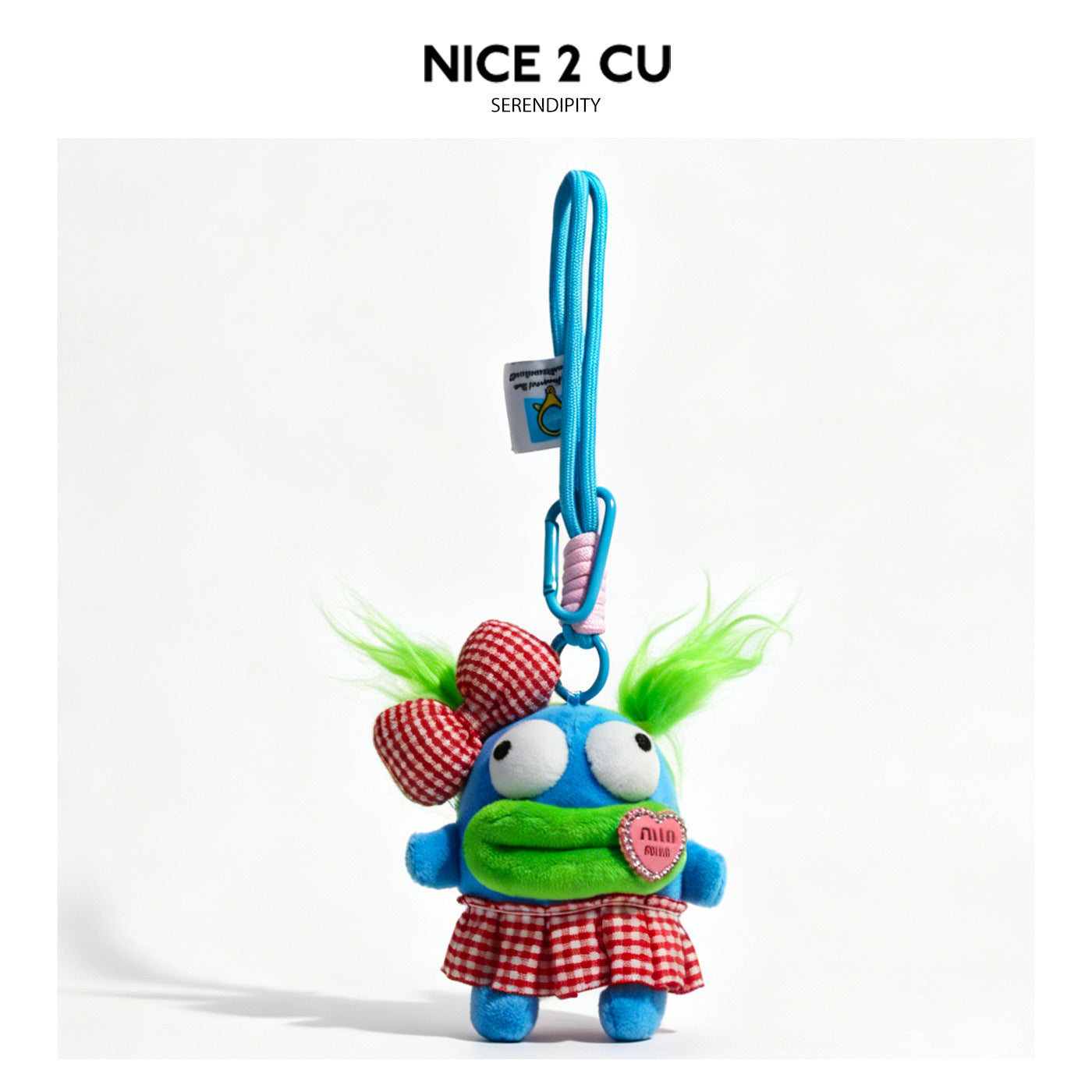 Blue kawaii frog plush keychain in red gingham skirt with matching red checkered head bows and pink heart badge