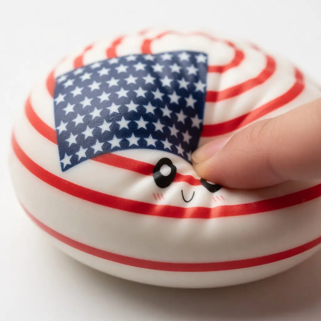 A hand squeezes the ZoDoll FIFA World Cup 2026 Squishy Dumpling Fidget Toy with Steamer, featuring one of six country flag designs, a smiling face, and colors inspired by a soccer field.