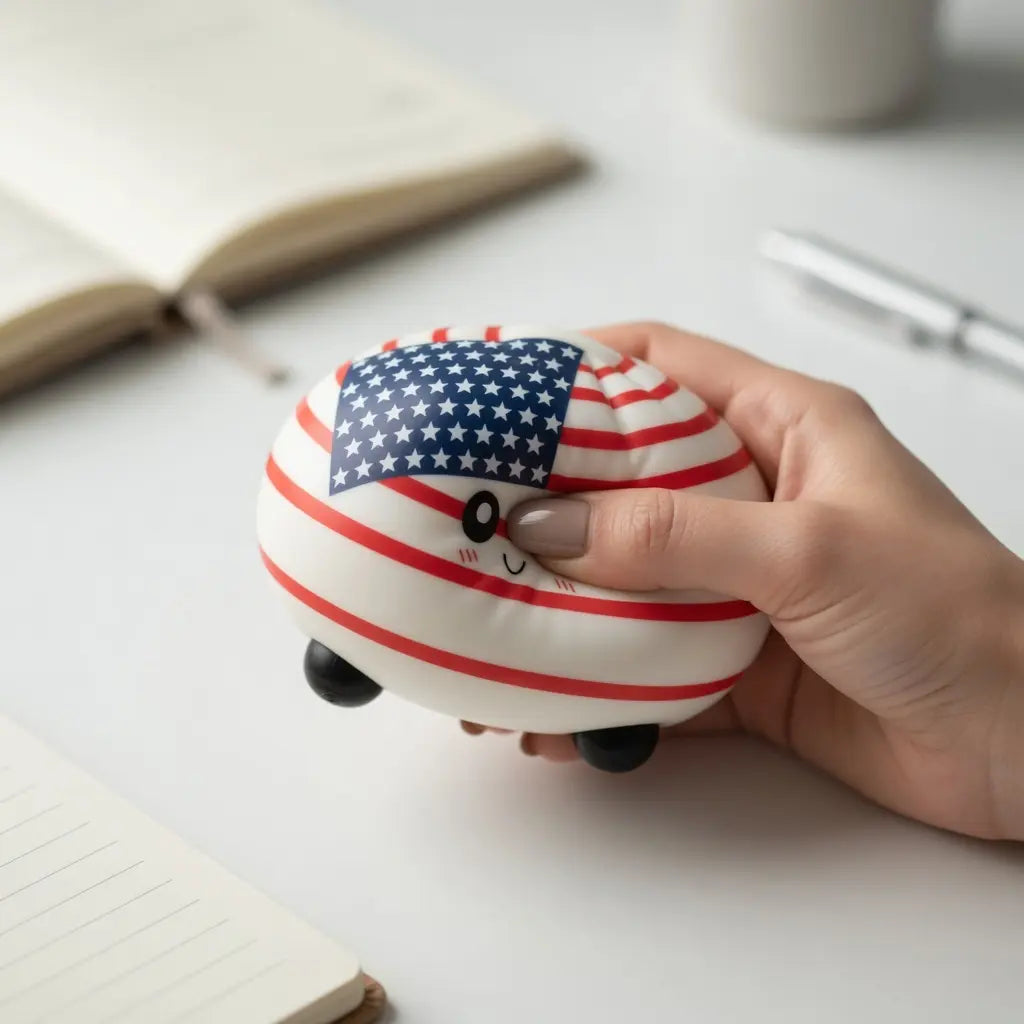 A hand holds the ZoDoll FIFA World Cup 2026 Squishy Dumpling Fidget Toy with an American flag design, featuring a cute face, on a desk with notebooks and a pen. Available in 6 country flag designs, it comes in a steamer container.