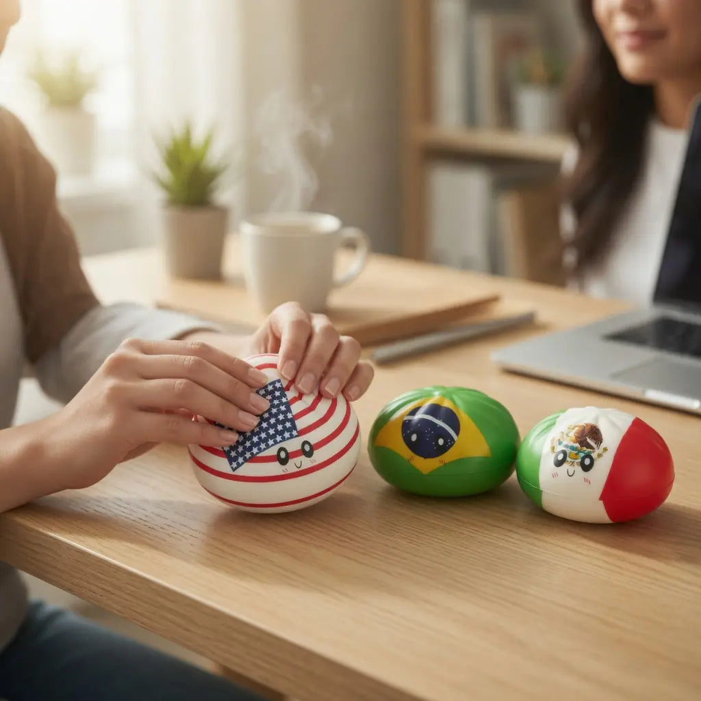 Someone arranges ZoDoll FIFA World Cup 2026 Squishy Dumpling Fidget Toys featuring USA, Brazil, and Mexico flag designs on a green soccer field-inspired table, while another person with a laptop sits nearby.