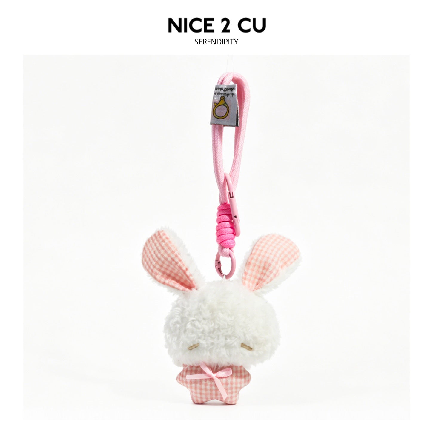 Pink gingham kawaii bunny plush charm with satin bow and carabiner clip