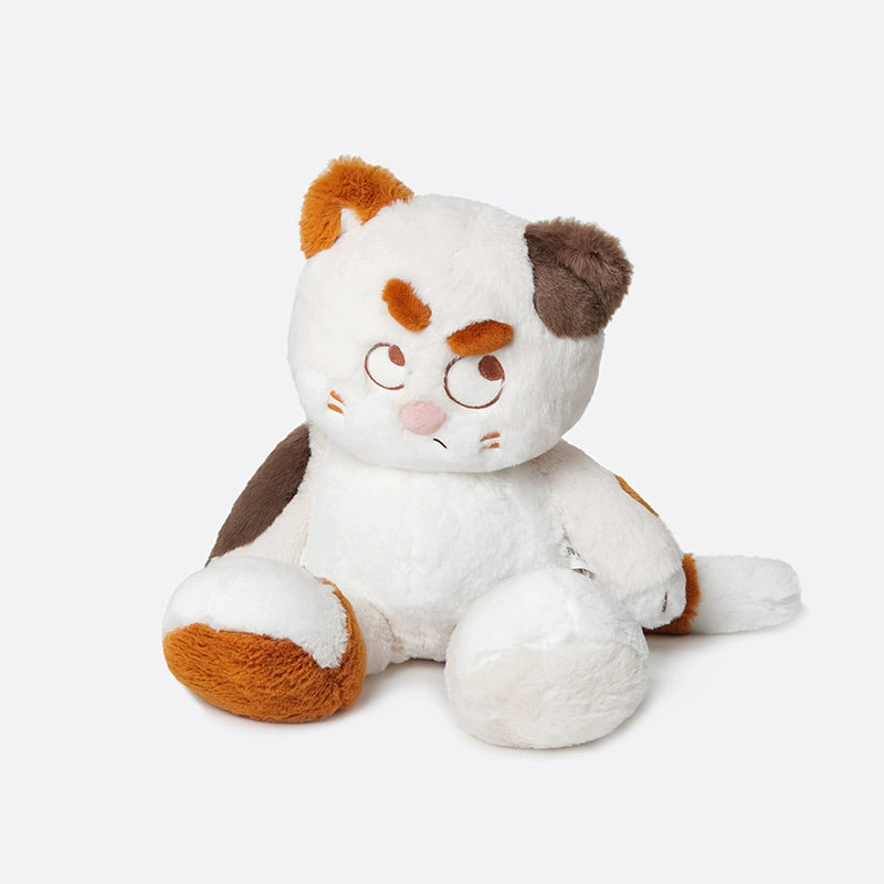 The ZEIO Cat Plush Toy 50cm is a soft, large stuffed cat with brown, white, and orange fur. It sits upright and features an expressive grumpy face—perfect as an oversized cuddle buddy.