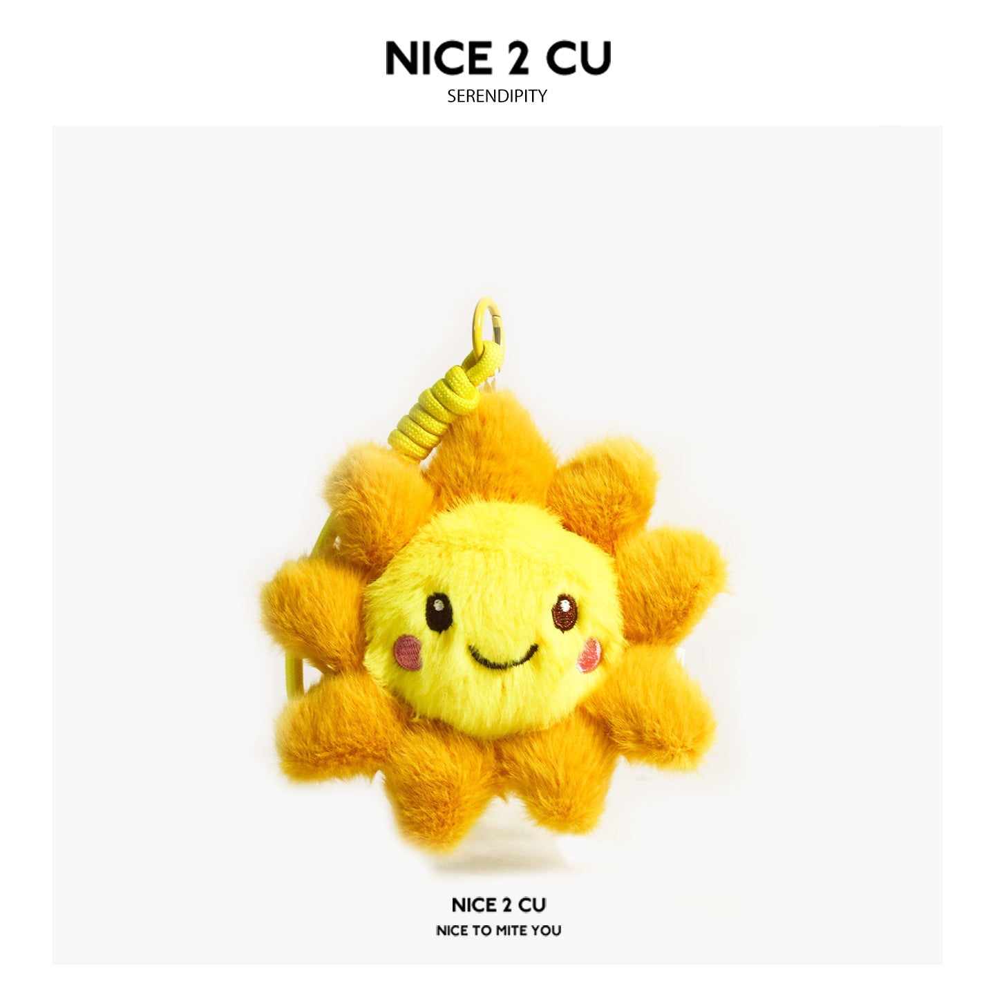 Kawaii smiling sun plush bag charm with golden-orange fluffy rays and coiled yellow-green cord
