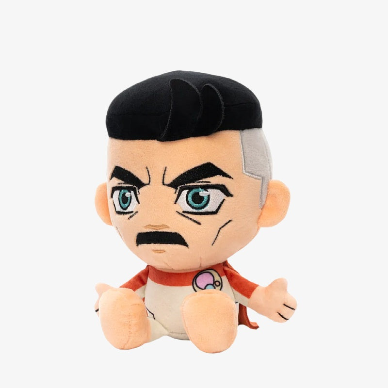 The ZoDoll Invincible Animated Series Plush Toy Collection features a soft 18x20cm superhero stuffed doll with black hair, mustache, and red cape, sitting upright against a plain white background.