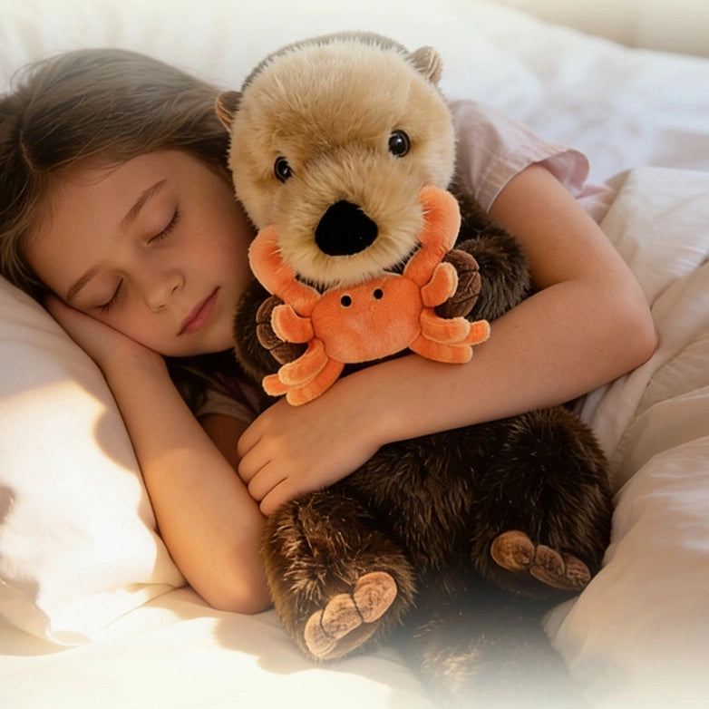 A child sleeps in bed hugging their favorite ZoDoll Otter Plush Toy, a soft 40x12cm sea otter stuffed animal holding a removable orange crab.