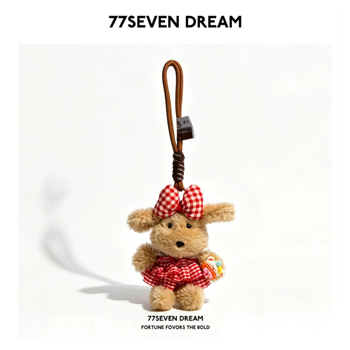 Light khaki plush puppy charm in red gingham ruffled dress with matching bow and brown cord