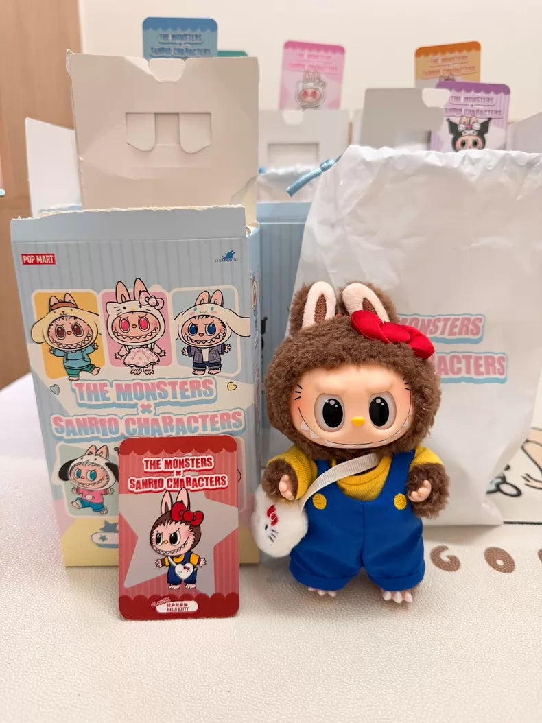 The POP MART LABUBU Hello Kitty and Friends Series Secret Edition Plush Pendant Figure features Hello Kitty in a brown bunny costume with a red bow, alongside its box, card, and branded white bag.