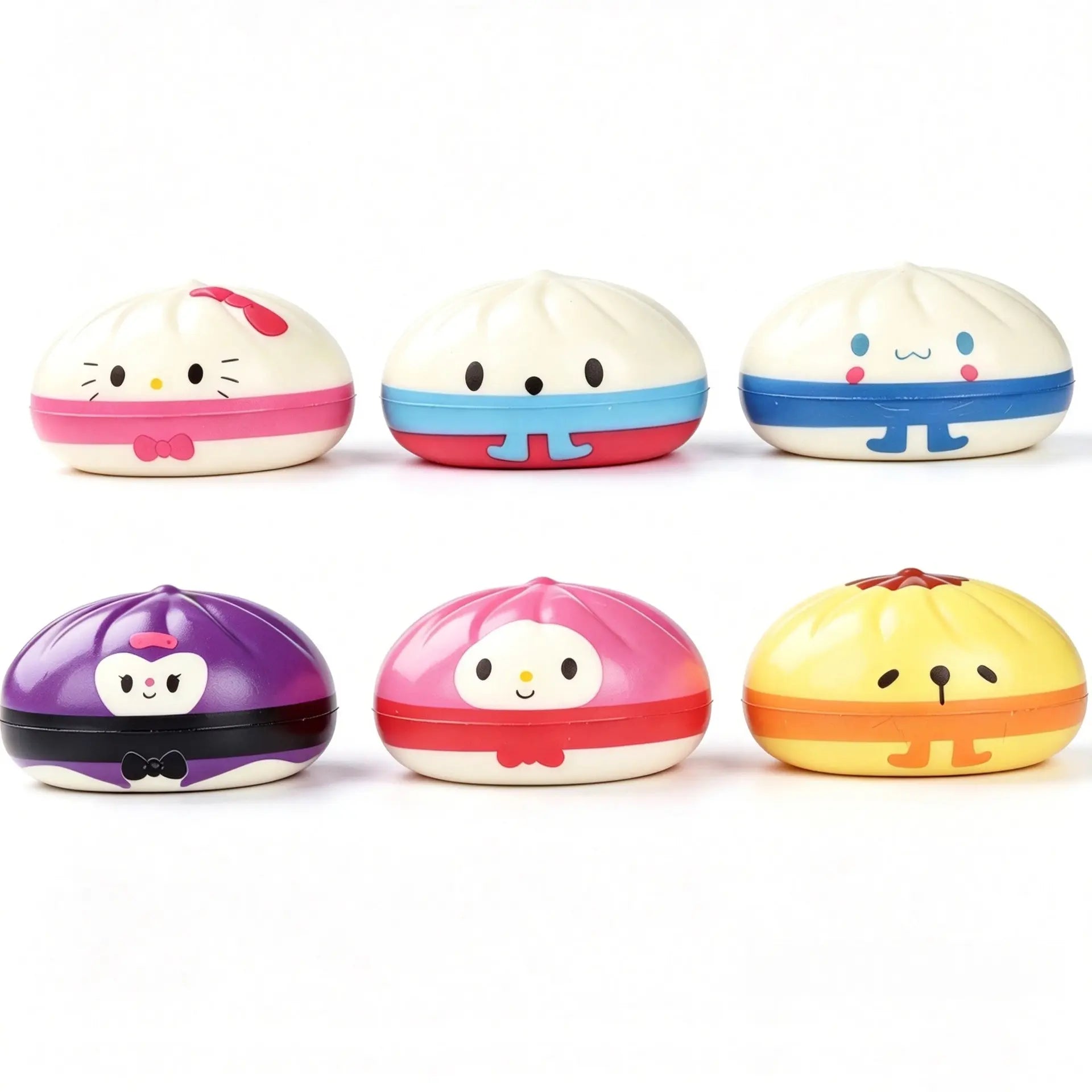 The ZoDoll Kawaii Character Squishy Bun Fidget Toy with Steamer – Sanrio-Inspired Sugar Edition features 6 cute, pink-hued cartoon buns in two rows on white—perfect inspiration for playful UI design.