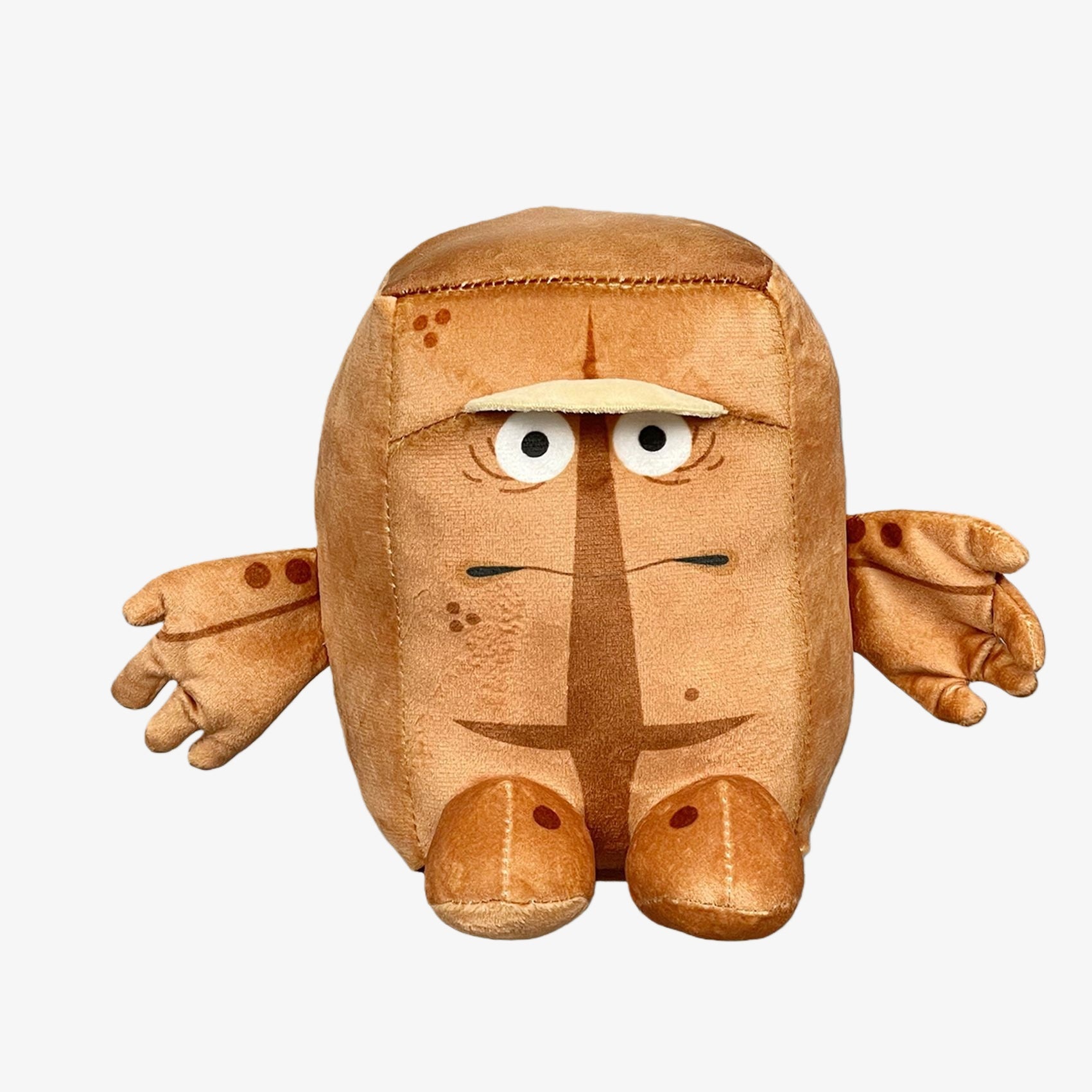 The Steal a Brainrot Inspired Brown Character Plush Toy features a square body, serious minimalist human expression, and outstretched arms. This 6.7-inch collectible plush is perfect for fans of unique cartoon figures.