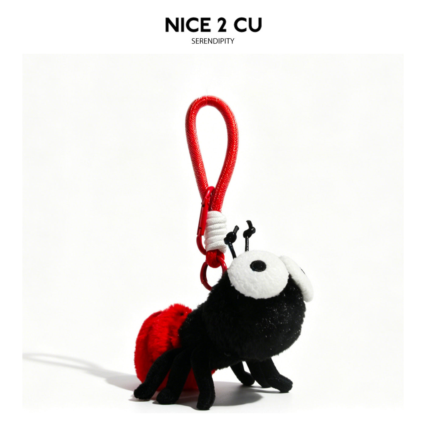 Black and red ant plush keychain with red spotted rear section and multiple black legs