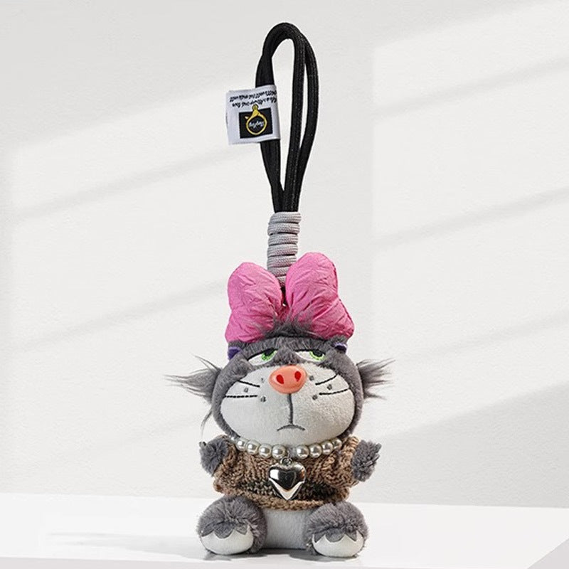 Grey cat plush charm wearing brown striped knit top, pink bow, and silver heart pendant