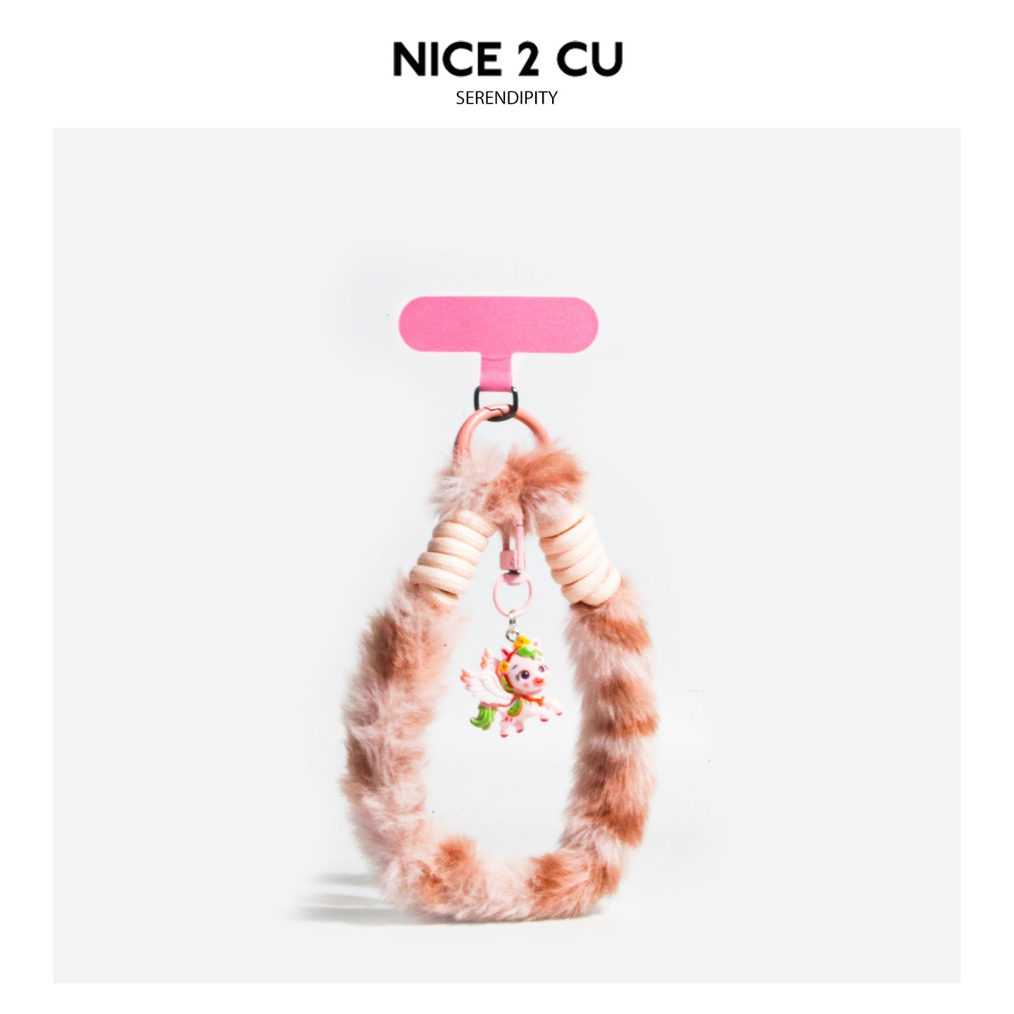 Pink fluffy leopard-print phone wrist strap with peach tones and unicorn charm pendant