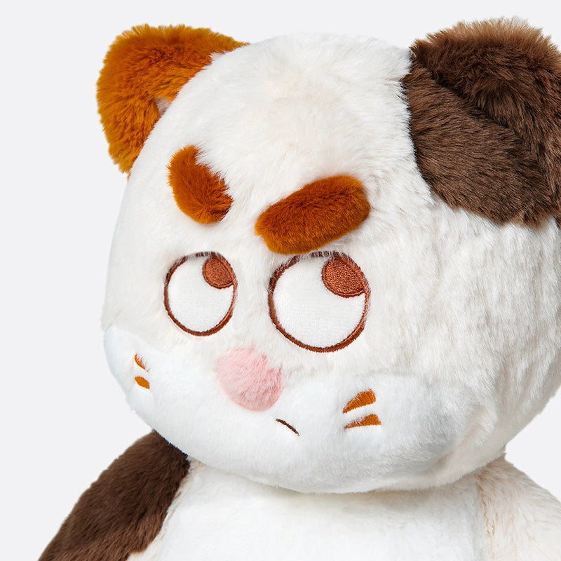 The ZEIO Cat Plush Toy 50cm is a soft, large stuffed cat with brown and white fur, orange eyebrows, embroidered eyes, a pink nose, and an adorably annoyed face—perfect as a cozy cuddle buddy or thoughtful gift for any occasion.