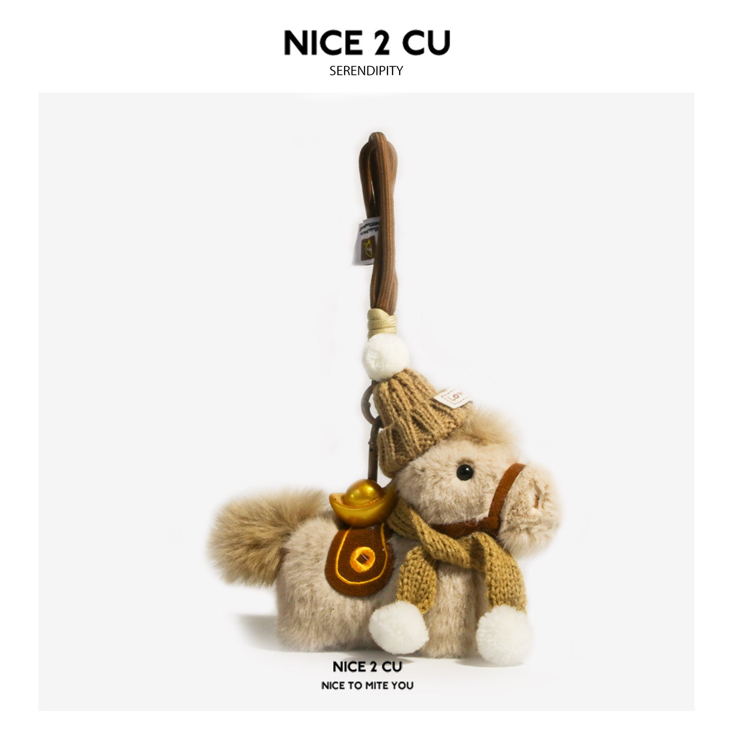 Light brown plush horse ornament with brown knitted cap, brown scarf, white pompoms, and hook attachment