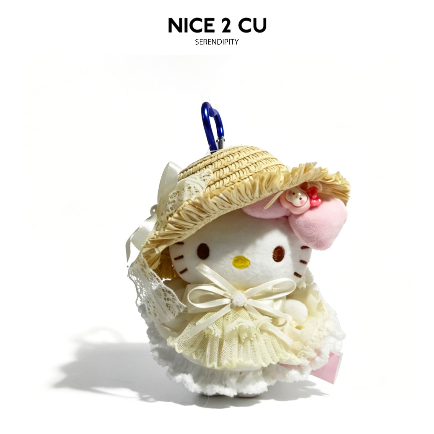White cat plush charm in white bridal-style lace dress with ribbon bow and veil hat