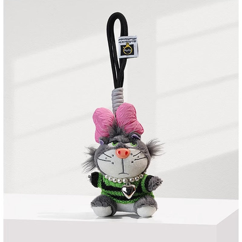 Grey cat plush charm wearing green and black striped knit top with pink bow and heart necklace