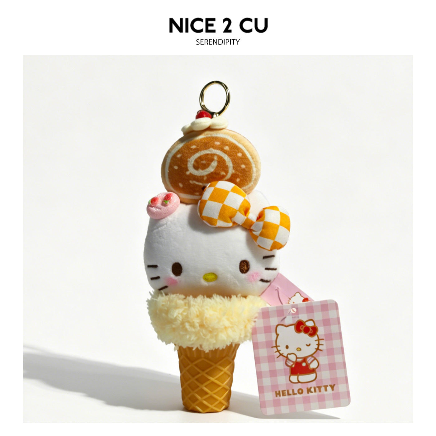 Hello Kitty cream ice cream cone plush keychain charm with tan swirl topping, orange checkered bow, and gold hardware