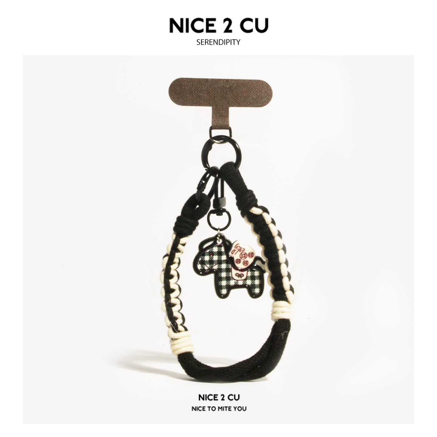 Black and cream braided phone wrist strap with black checkered horse charm and dark T-bar clip