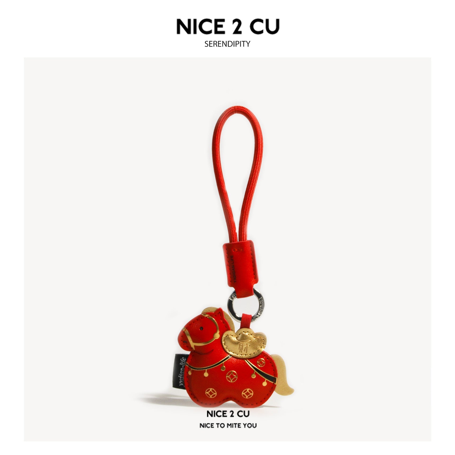 Red chubby horse keychain charm with gold yuanbao ingot and coin motifs on a red braided cord loop