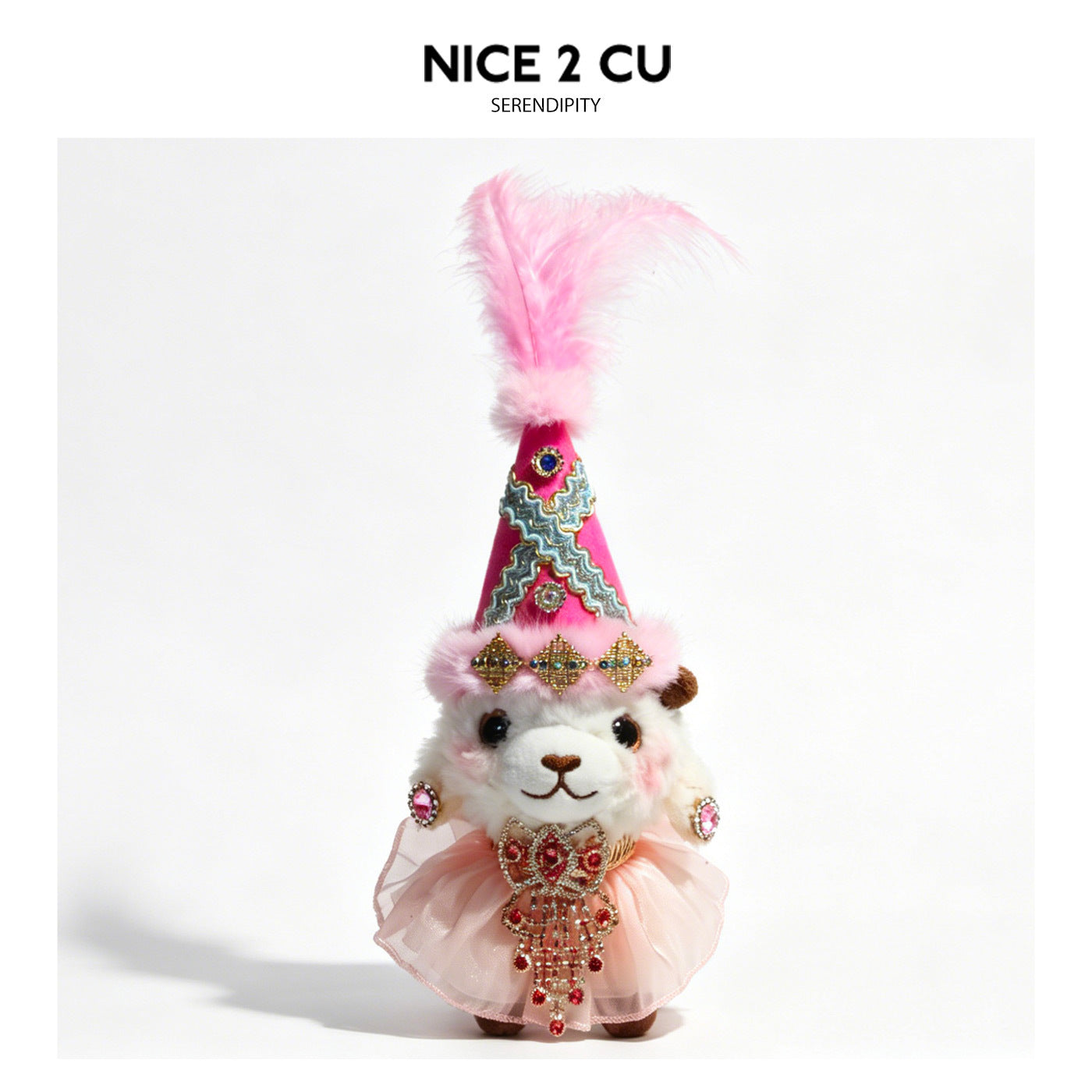 White plush lamb with tall pink feather cone hat, zigzag gem trim, and soft peach-pink sheer skirt