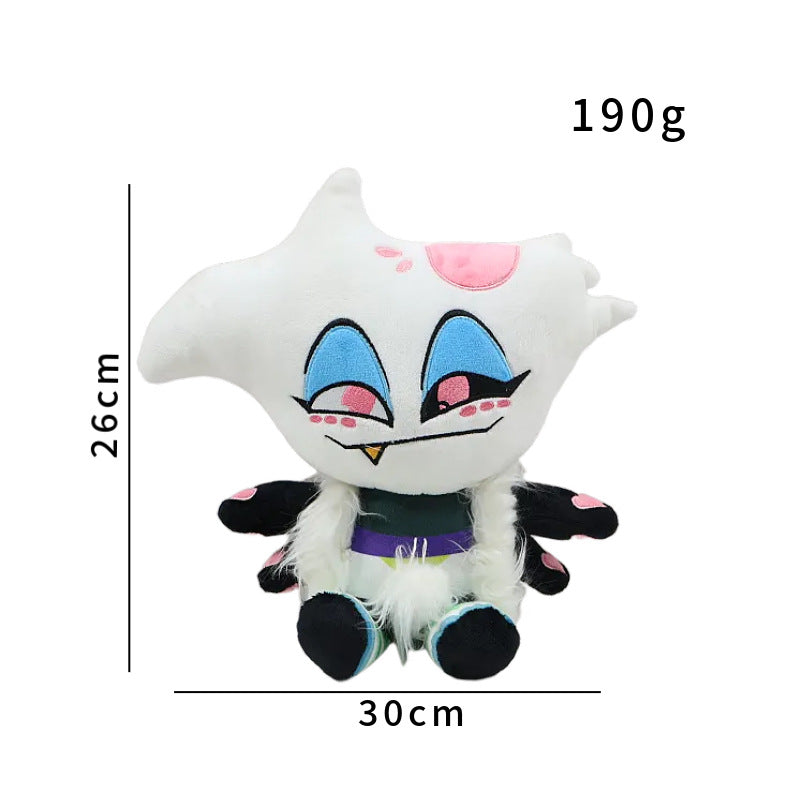 The ZoDoll Cute Angel Dust Plushie from Hazbin Hotel features a white head, pink and blue face, black arms, measures 26cm x 30cm, weighs 190g—a perfect kawaii collectible gift for fans and animation lovers.