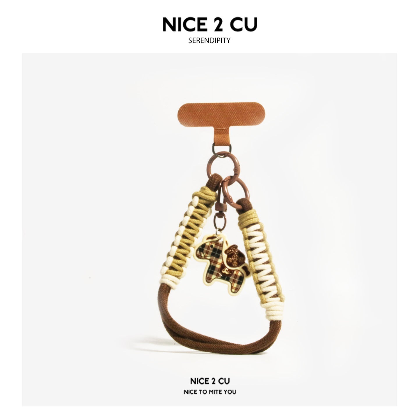Brown and cream braided phone wrist strap with brown checkered horse charm and brown T-bar clip