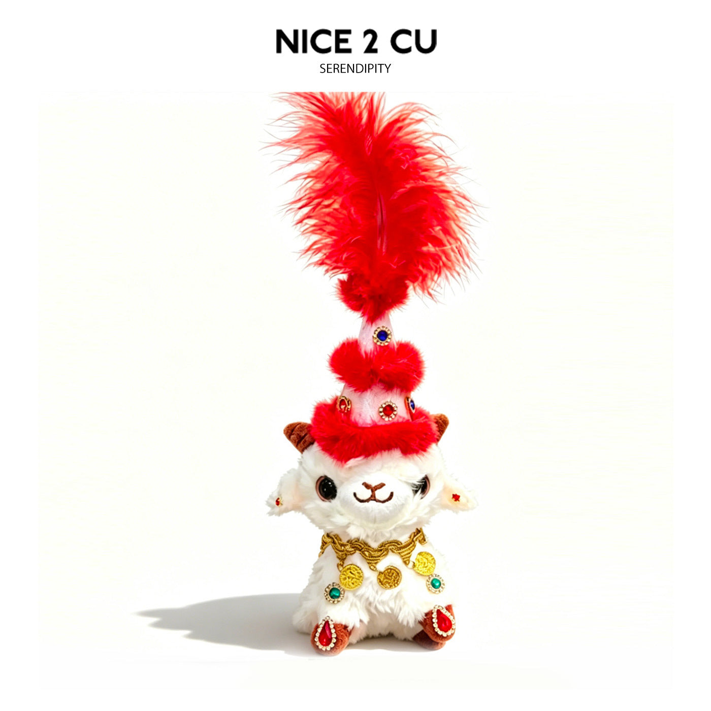 Plush lamb figurine with bright red feathered hat and gold coin-motif decorations on white outfit