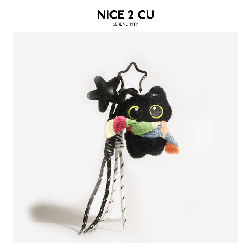 Kawaii black cat plush keychain charm with multicolor knitted scarf, matte black star pendant, and black-and-white braided co