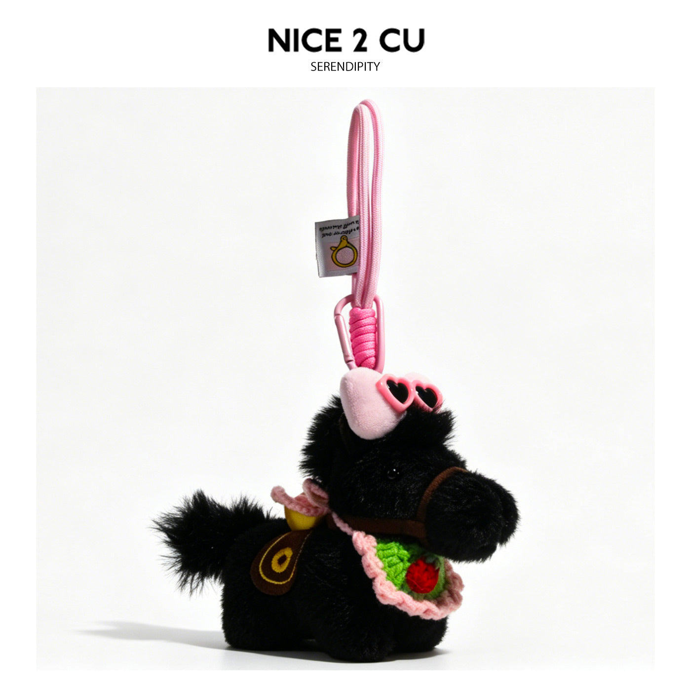 Black plush horse charm with pink heart face decoration, pink heart glasses, and strawberry-motif front pouch