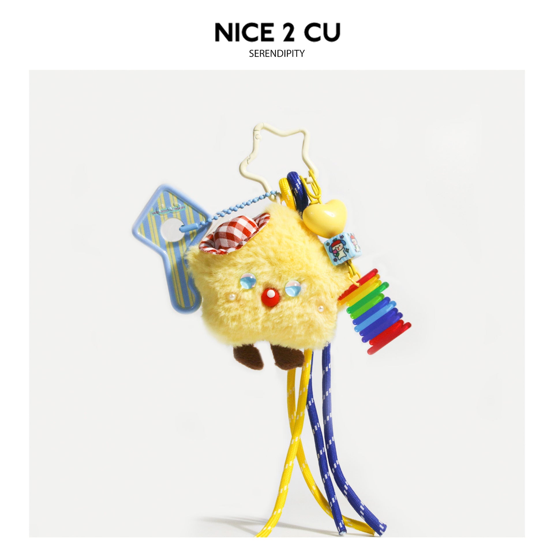 Yellow star plush charm with red checkered hat, rainbow accordion charm, and blue and yellow hanging cords