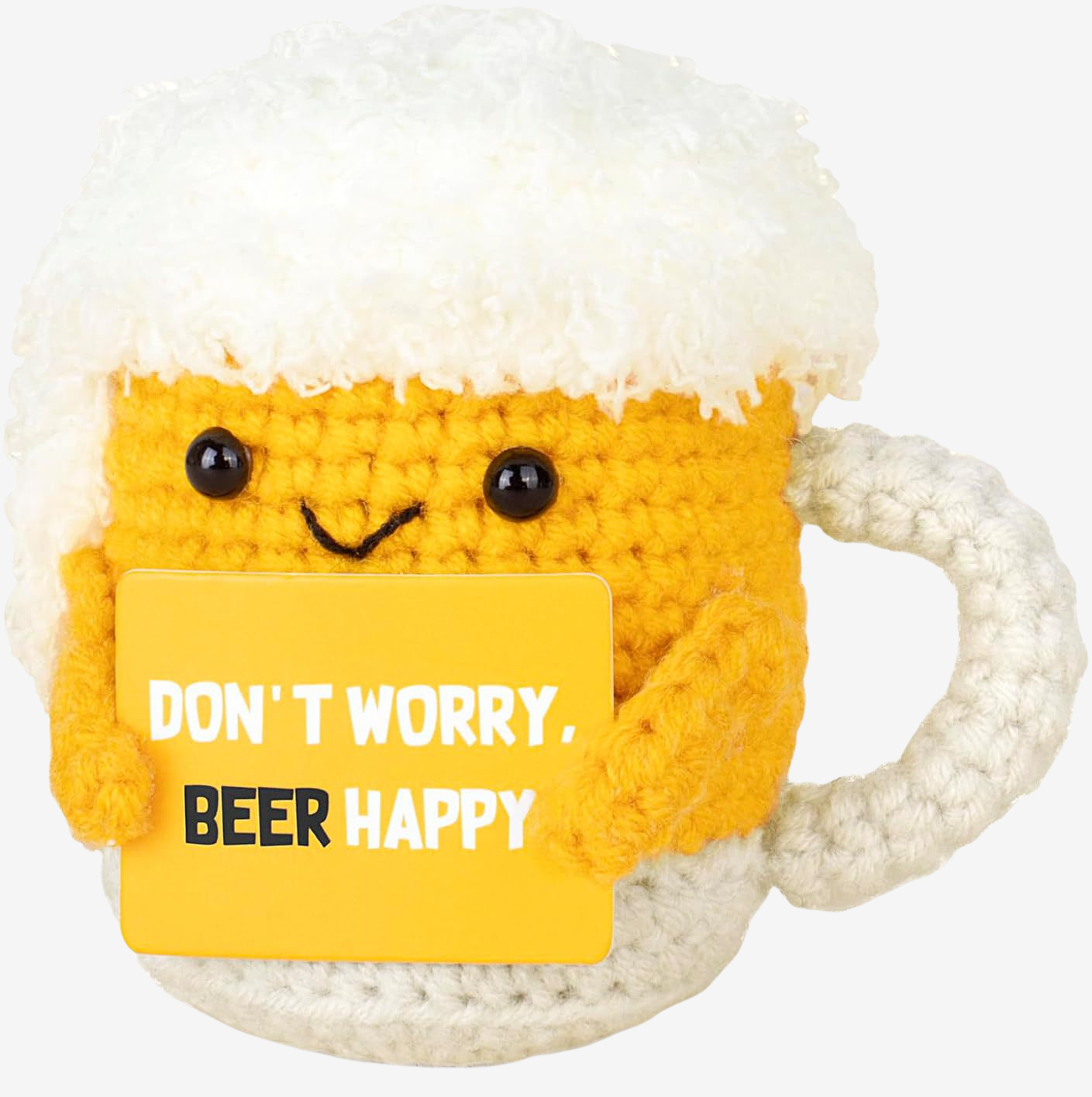 The ZoDoll Don't Worry Beer Happy Crochet Amigurumi is a cheery beer plush with a smiling face holding a "DONT WORRY, BEER HAPPY" sign—perfect for spreading good vibes and relaxation as a fun beer gift.