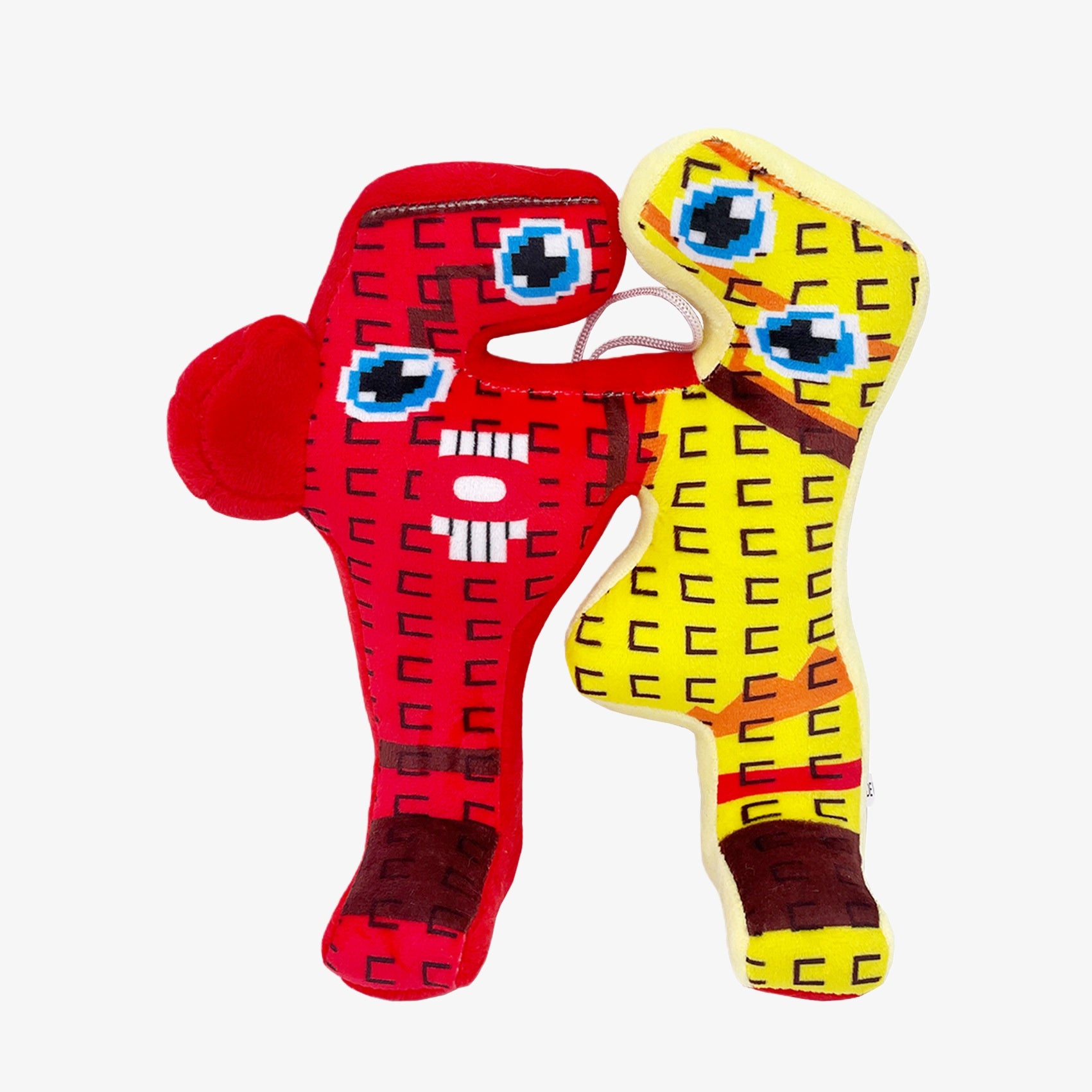 The Steal a Brainrot Inspired Red & Yellow Duo Plush Toy—8.7 inch twin cartoon figures with pixel eyes—features abstract, collectible plush characters in bold red and yellow on a plain white background.