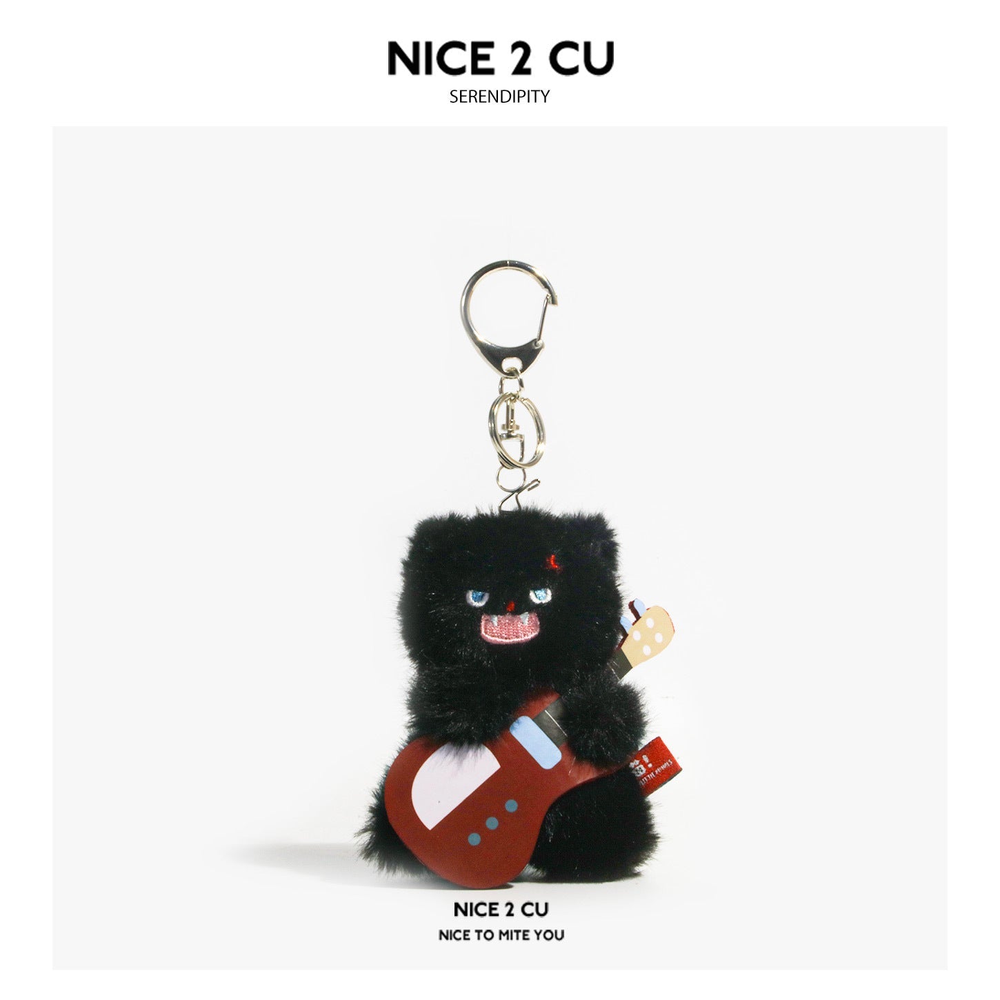 Black fluffy plush cat keychain charm holding a brown-red miniature guitar, with silver lobster-clasp chain