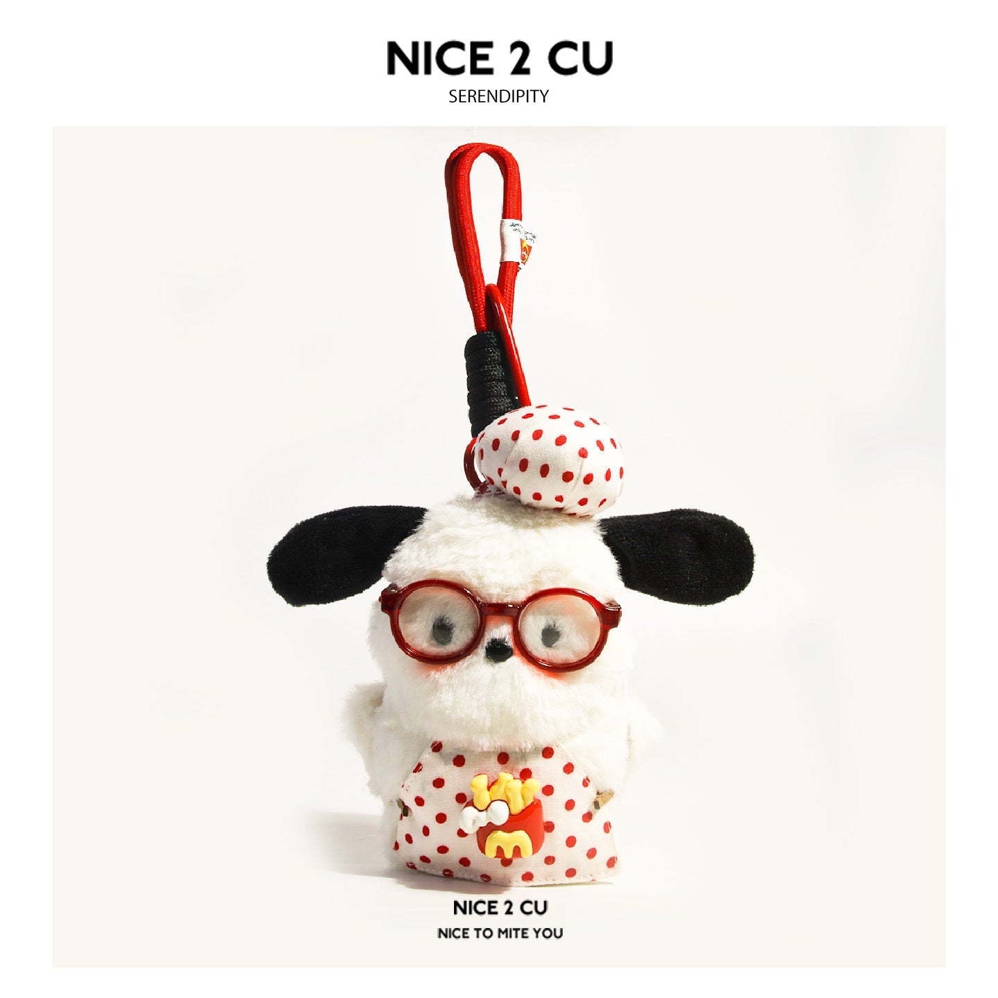 Kawaii plush dog charm wearing red polka-dot beret and french fries apron with red round glasses and braided cord