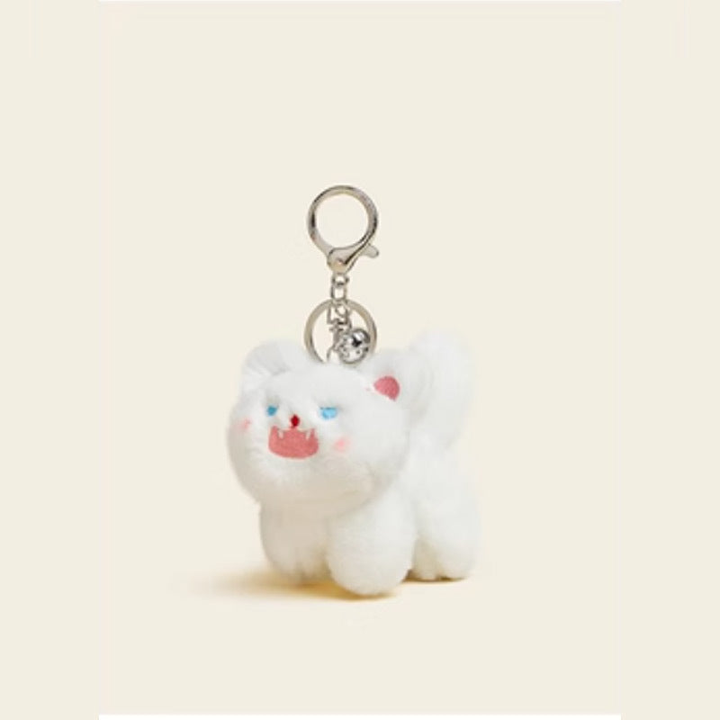 White upright kawaii cat plush keychain charm with blue eyes, pink inner ears, and silver lobster-claw clasp