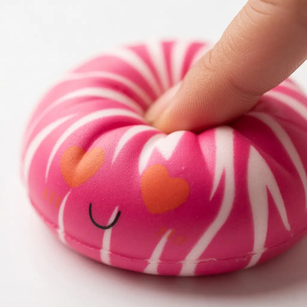 A finger presses into the ZoDoll Rainbow Mystery Squishy Bun Fidget Toy with Steamer – Sugar Edition, a cheerful donut-shaped squishy with a smiling face, heart eyes, and playful rainbow stripes against a vibrant gradient background.