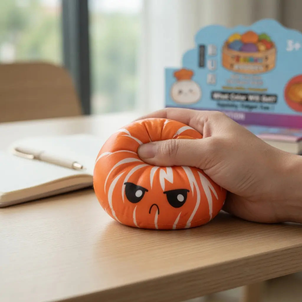 A hand squeezes the ZoDoll Rainbow Mystery Squishy Bun Fidget Toy with Steamer – Sugar Edition, featuring an angry face, on a desk beside a notebook, pen, and a colorful rainbow-striped box.